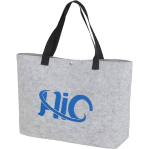 A grey felt shopping bag with black handles and a logo on the front.