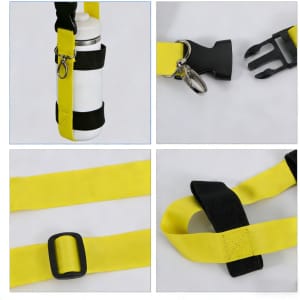 A drink bottle holder strap sling in yellow with black accents, featuring clips and adjustable straps.