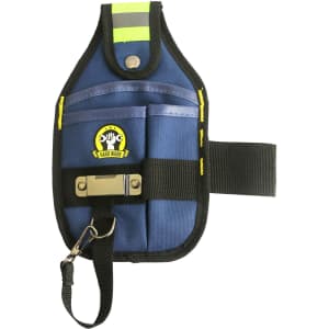 A portable tool waist pouch in navy blue with reflective strips and a clip for attachment. It features a logo.