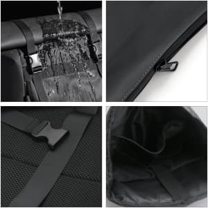 A waterproof black polyurethane roll top backpack featuring adjustable straps, clips, and an empty interior.