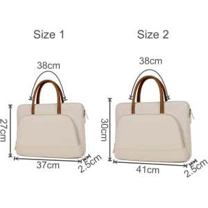 A cream PU handle laptop bag with a zippered outer pocket, available in two sizes and featuring brown handles.
