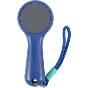 A blue lockable phone pouch with a round design and a wrist strap, featuring a branding logo.