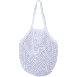 A white mesh grocery bag with an inner layer and two handles. The bag is crafted from a netted design.