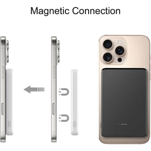 A magnetic wireless power bank in black, positioned next to a smartphone, featuring a logo on the device.