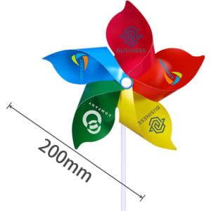A five-leaf pinwheel with red, blue, green, and yellow leaves, featuring logos on some petals. Dimensions of 200mm included.
