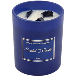 A 6.6oz glass candle in a blue jar, filled with natural soy wax and topped with fragrance. It features a logo on the jar.