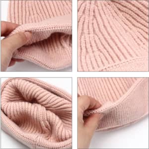 A round beanie in soft pink, showing its ribbed texture and flexible inner lining from various angles.