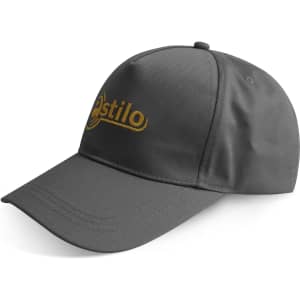 A grey cap made from RPET fabric, featuring a logo on the front and a curved brim.
