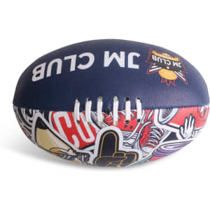 A AFL training ball featuring a blue and multicoloured design, with a logo on its surface.