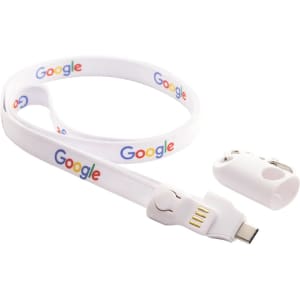A white polyester lanyard with a branding logo, featuring a detachable charging cable in USB-C format.