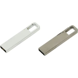 Two sleek silver flash drives with a rectangular design and loops for easy attachment.