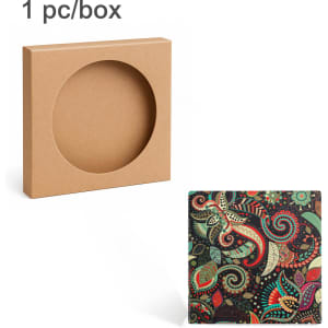 A square ceramic coaster featuring a vibrant, multi-coloured swirl pattern, displayed with its packaging box.