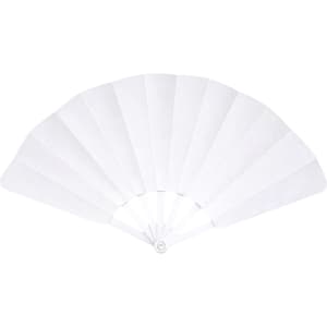 A plastic hand fan is displayed, featuring multiple white panels and a circular base for easy handling.