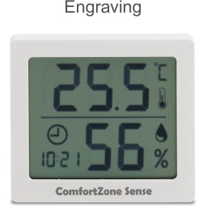 A digital temperature and humidity thermometer with a white frame displaying temperature and humidity readings.