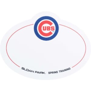 A white oval PVC name badge featuring a logo, red outlines, and space for custom text.