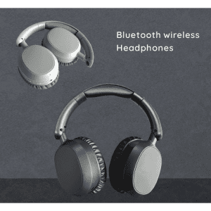 A pair of ANC Bluetooth headphones in grey and black, featuring a sleek design and padded ear cushions.