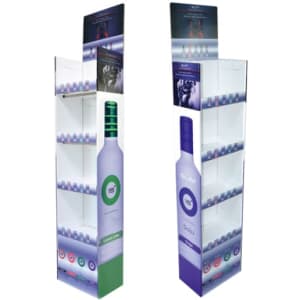 A premium cardboard floor display featuring multiple shelves. It's designed in white with green and purple accents, and includes branding.