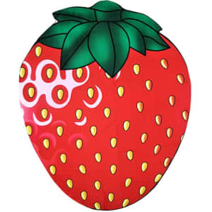 A custom-shaped beach towel in the design of a red strawberry with green leaves. It features a logo.