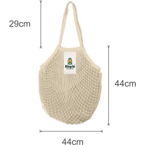 A mesh grocery bag in cream colour, featuring a logo and measuring 29 cm in height and 44 cm in width.