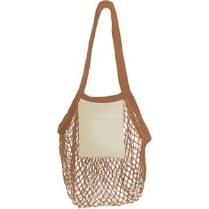 A mesh tote bag in brown with a solid cream pocket, featuring a handle for easy carrying.