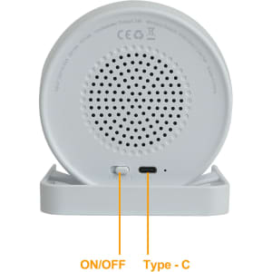 A white wireless speaker with a built-in night light and charging port. It includes an ON/OFF switch and branding on the back.