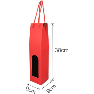 A drink bottle packaging in red with a rope handle and a window cutout, measuring 38cm by 9cm.