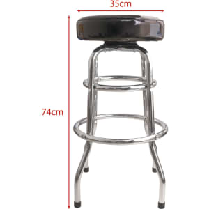 A black custom barstool with a chrome frame, measuring 35cm in width and 74cm in height.