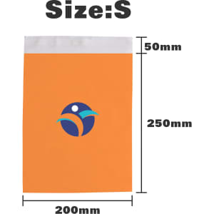 An orange biodegradable mailer bag with a white seal and a logo, measuring 200mm x 250mm.