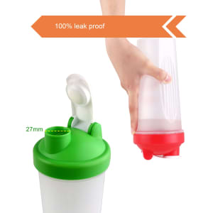 A drink bottle featuring a green and red lid, designed as a BPA-free fitness shaker with a logo.