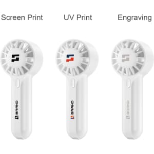 A Mini Travel Handheld Fan in white, featuring different printing options on the front; includes a logo.