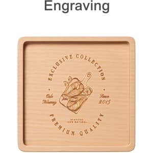 A square wooden coaster featuring a natural wood finish and an engraved design. It includes a logo.