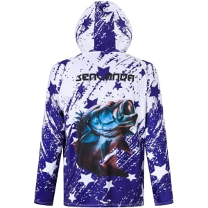 A blue and white hooded fishing shirt with a fish graphic and star patterns, featuring a logo on the back.