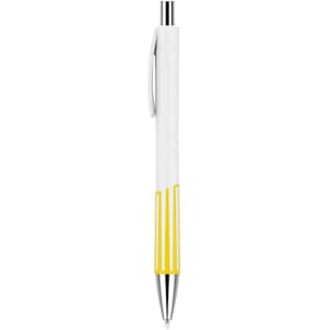 A creamy white plastic pen with yellow accents and a stainless steel tip, featuring a clip and branding.