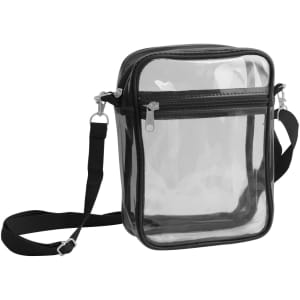A clear tote bag with a black zipper closure and adjustable crossbody strap. Features a logo on the front.
