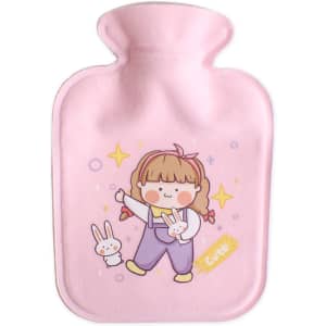 A pink hot water bottle with a plush cover featuring a cute cartoon character and bunnies.