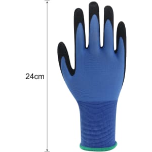 A pair of frost-proof gloves in blue, featuring a textured black grip and a green cuff. Dimensions: 24 cm long.