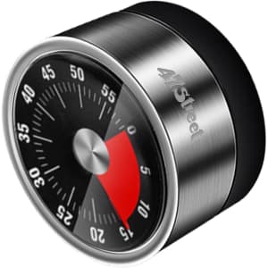 A compact, round timer in silver and black with a red section, featuring a logo on the front.