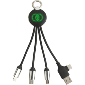 A round-shaped, black multi charging cable with four connector types, featuring a glowing green logo and a keyring.