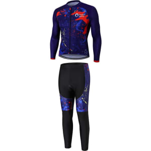 Men's sublimated cycling tights featuring a navy base with splashes of red, blue, and yellow. Includes a branded logo.