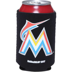 A black foldable stubby holder designed for a can, featuring a logo with vibrant colours.