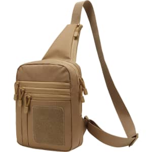 A tactical sling bag in tan colour featuring multiple zippered compartments and an adjustable strap, with a logo on the front.