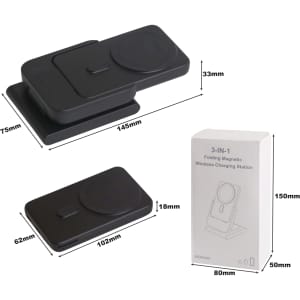 A black 3-in-1 power bank charging station with a sleek design and a branded box beside it.