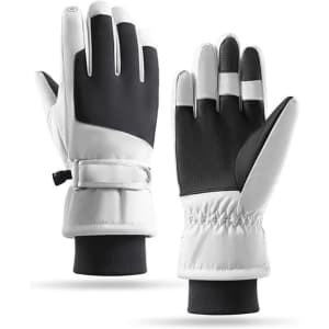 Ski gloves in white and black, featuring a textured grip and adjustable wrist straps. Branding present on the gloves.