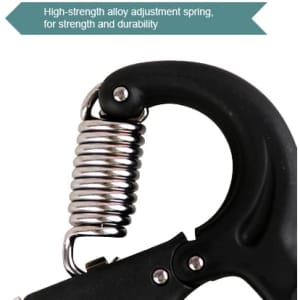 A black adjustable hand grip with a shiny silver alloy adjustment spring for strength and durability.