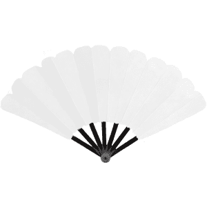 A plastic hand fan with white blades and a black handle, designed for cooling. It features a logo on the handle.