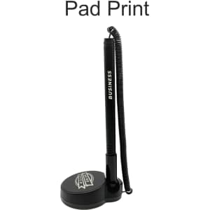 A black fixed signature pen with a coiled cord attached to a round base. The base has a logo.