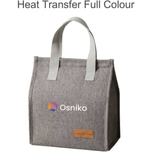 A grey minimalist lunch bag with a simple design, featuring handles and a logo on the front.