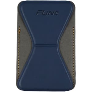 A blue PU MagSafe phone stand card holder with an embossed logo and a sleek design, ideal for phone wallets.