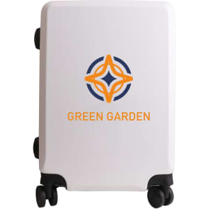 A wheeled business suitcase in white with a logo in blue and orange on the front.