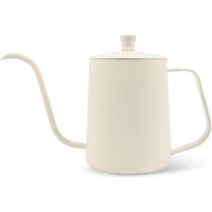 A stainless steel pour over kettle in a cream colour with a long spout and a lid, featuring a handle.